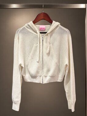 CRUSH. Cashmere Cropped Zip Hoodie Y2K Upside Down Smiley Ivory Size 0